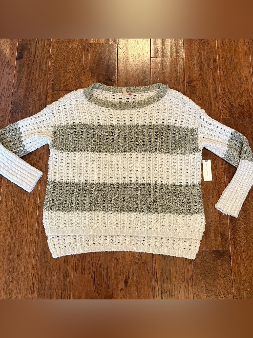 Pilcro White and Moss Green Striped Open-Weave Crew Sweater Size S